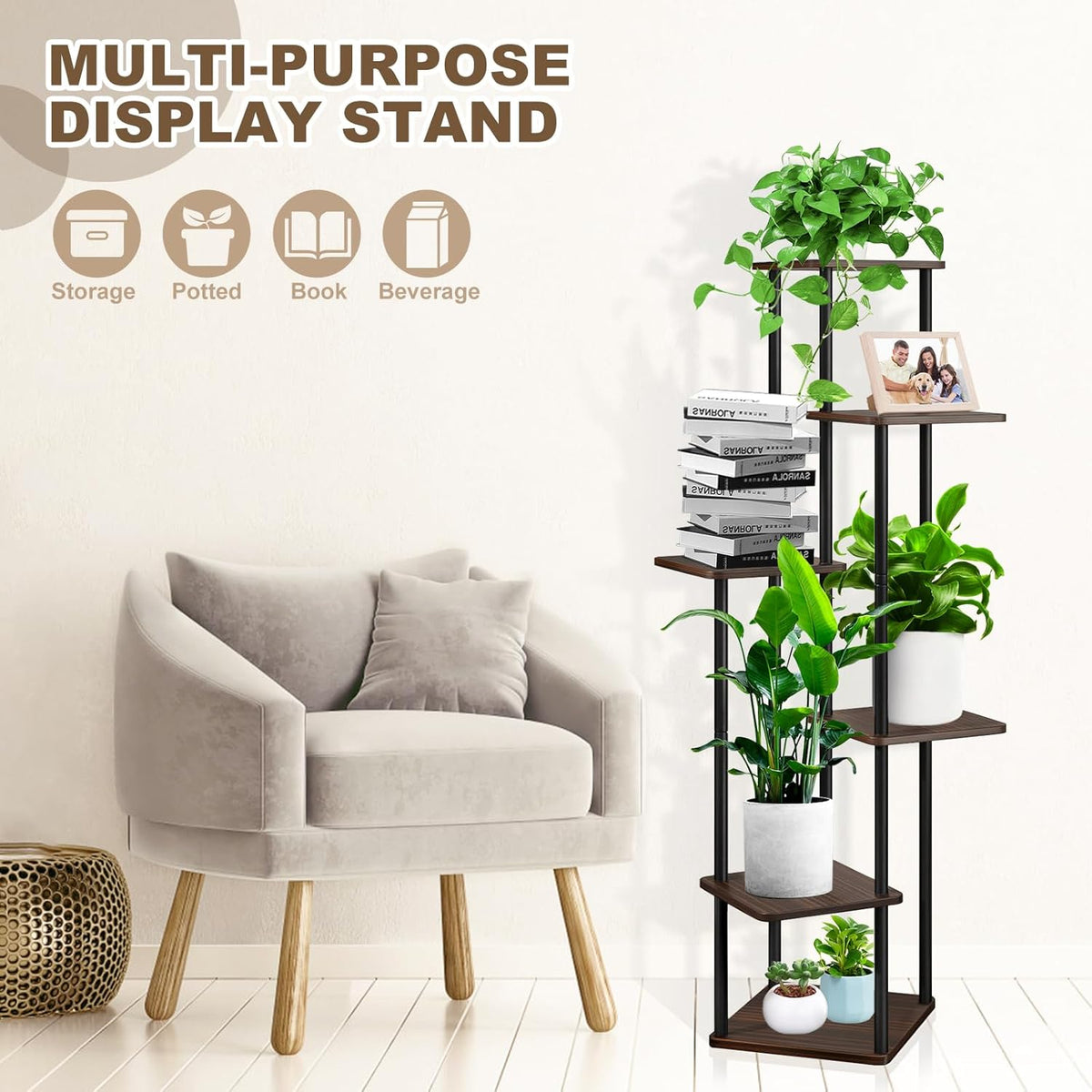 6 Tier Wood Tall Plant Stand Metal Rack Indoor, Multiple Flower Pot Holder Shelves Corner Rack