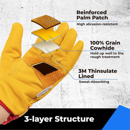 2 Pairs Winter Leather Work Gloves, Warm 3M Thinsulate Lining for Cold Weather Work, 100% Full