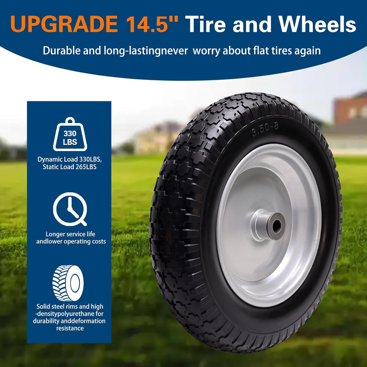 4.80/4.00-8 Tire, 14.5" Flat Free Wheelbarrow Tire and Wheel, 5/8" 3/4" Bearings Solid Replacement