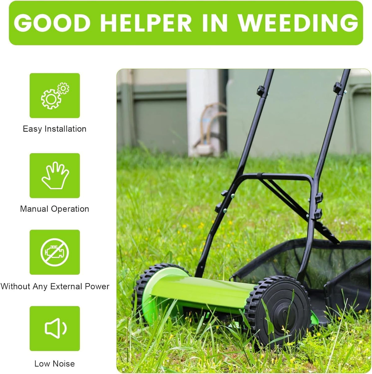 12 Inch Manual Push Reel Lawn Mower with Adjustable Mowing Height, 5 Blades and Collection Bag