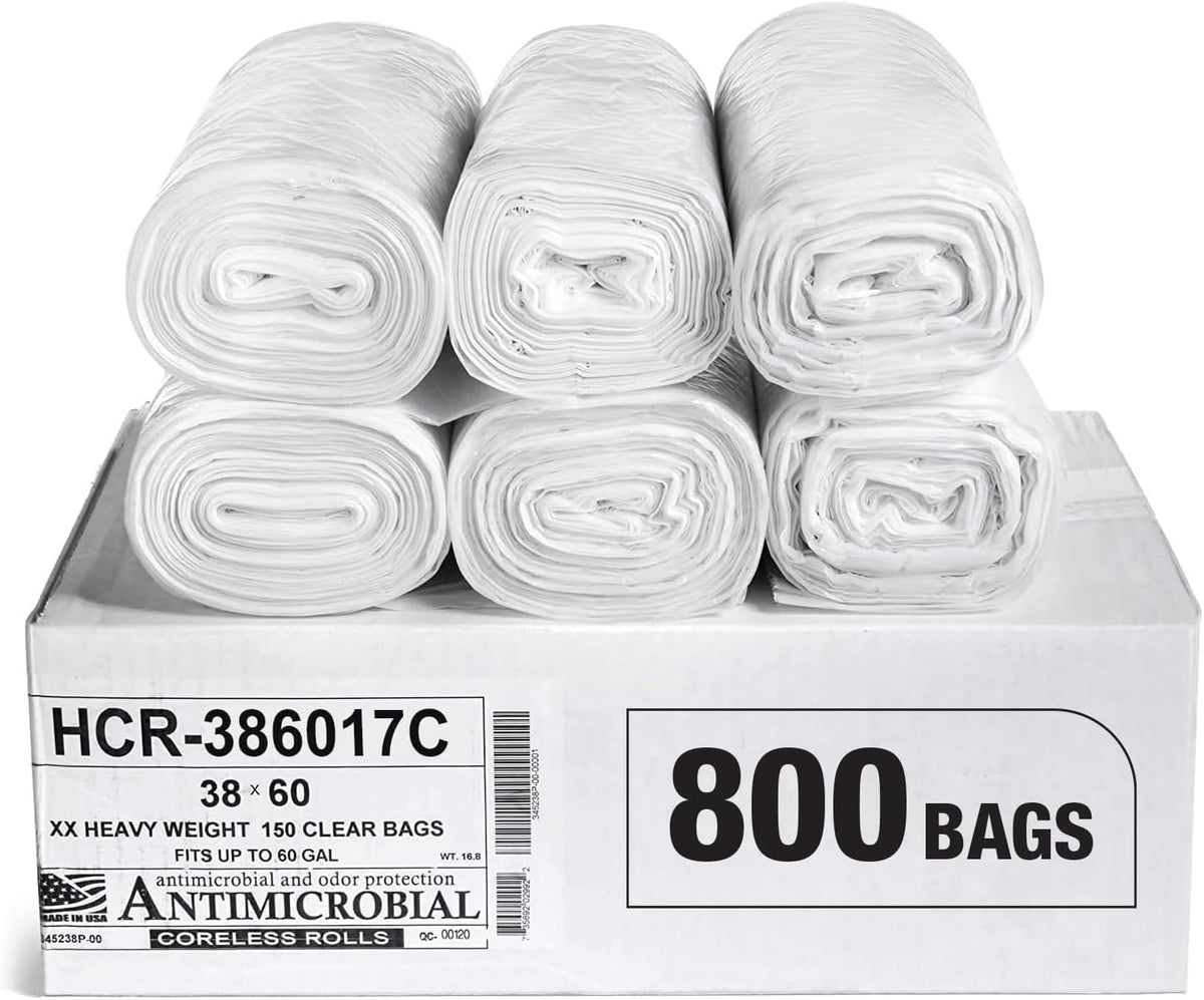Aluf Plastics High Density Trash Bags, 60 Gallon, 800 Count, 17 Micron (eq), 38" x 60", Clear, for