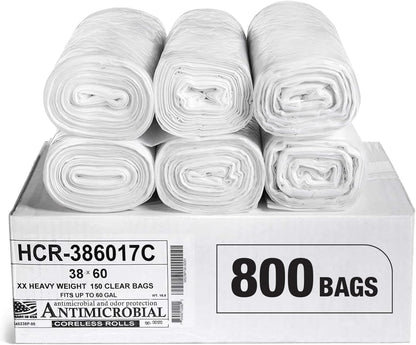 Aluf Plastics High Density Trash Bags, 60 Gallon, 800 Count, 17 Micron (eq), 38" x 60", Clear, for