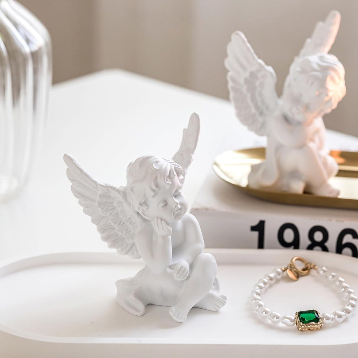 YUEOECOR 2PCS Cherubs Angels Resin Garden Statue Figurine, Adorable Angel Sculpture Memorial Statue