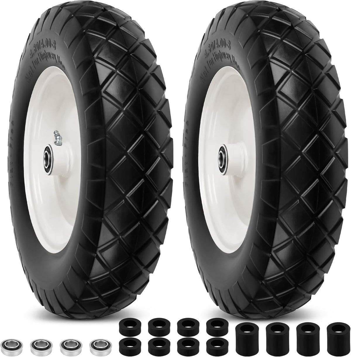 4.80/4.00-8" Flat Free Wheelbarrow Tires and Wheels, 16" Universal Fit Solid Tires with 5/8" or