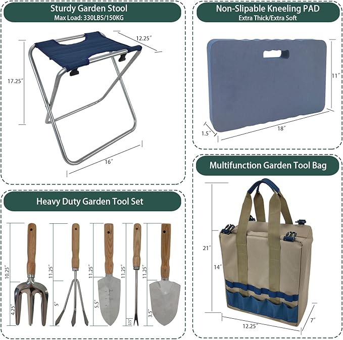 Garden Folding Gardener Stool with Gardening Tools Insulation Garden Bags Plus 5 Garden Tools and