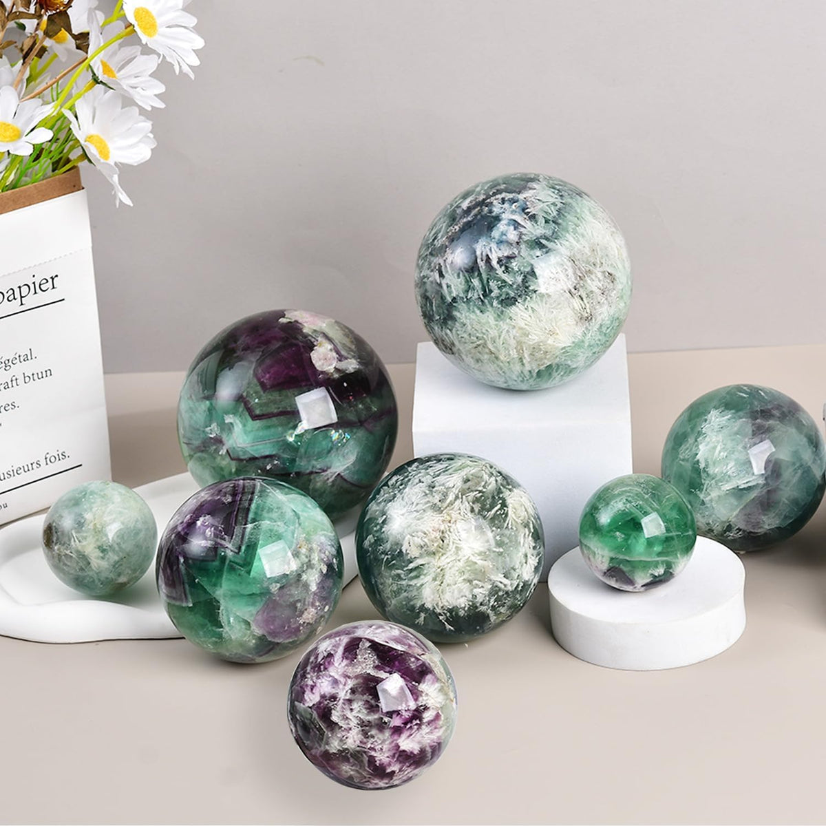 JIC Gem 2.7-3.1 inch(70-80mm) Large Crystal Ball Feather Fluorite Healing Crystals Sphere with