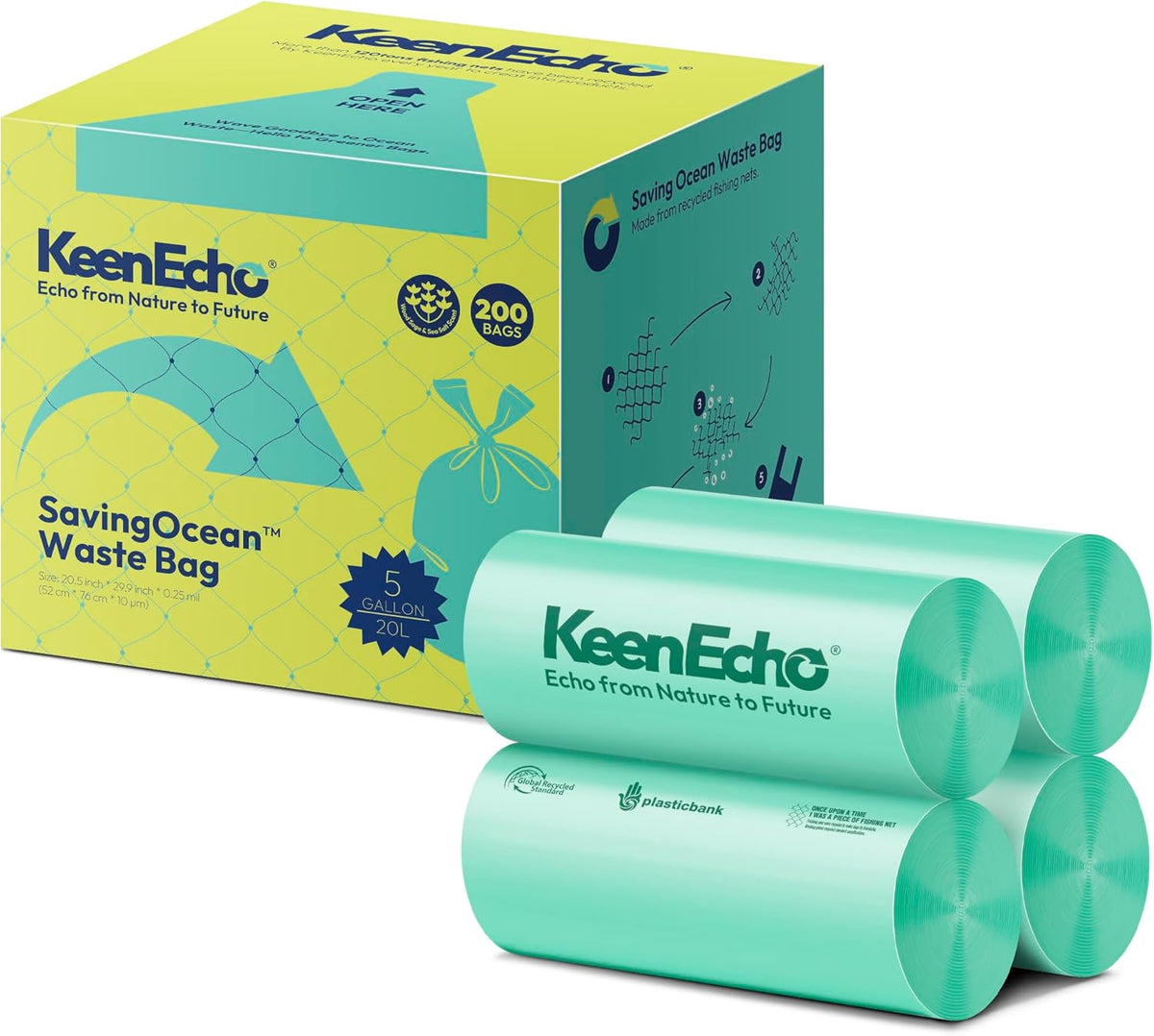 5 Gallon 200 Counts Small Green Trash Bags with Handle, Ocean Fishing Nets Upcycling, Sage & Sea
