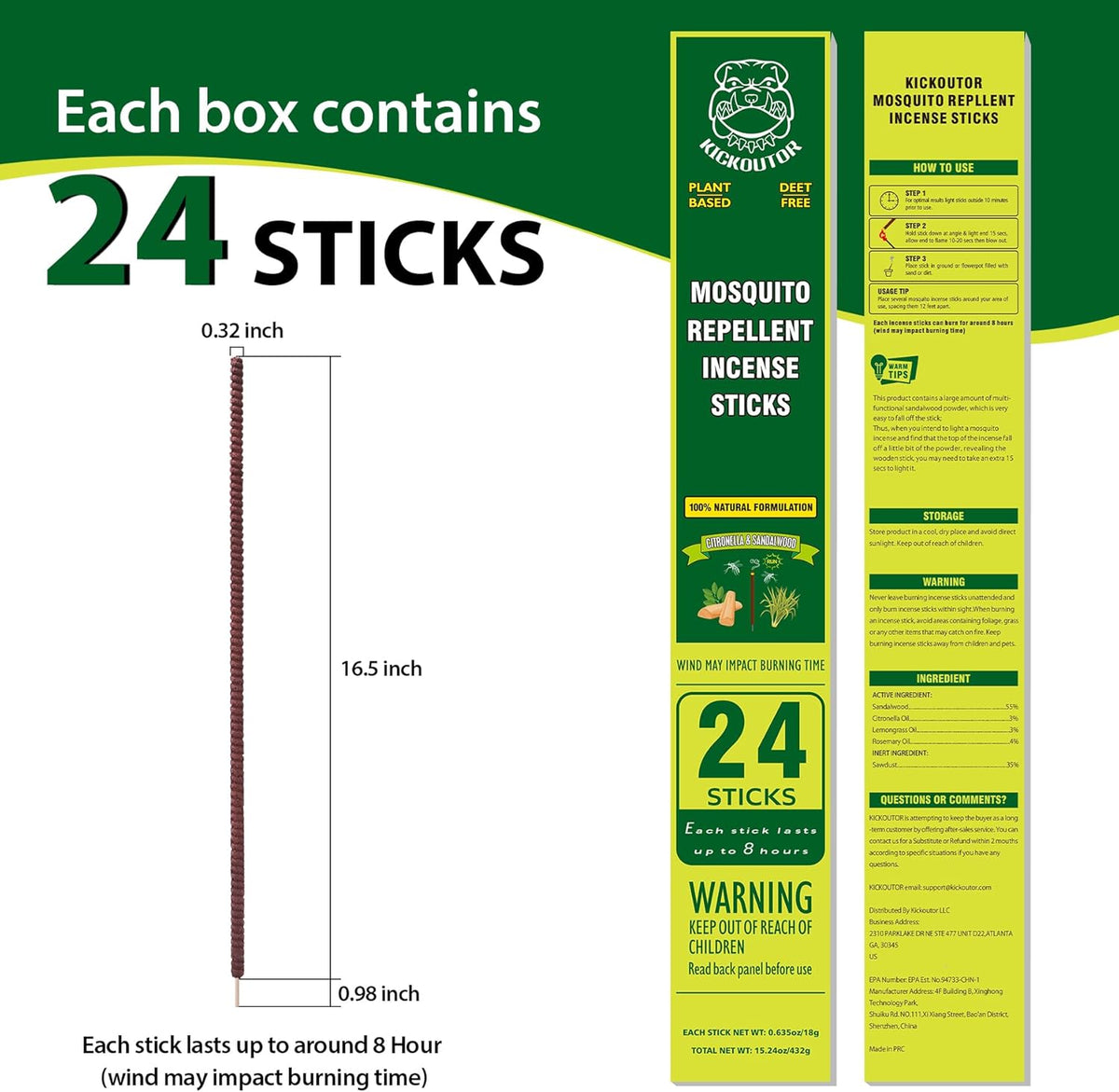 KICKOUTOR® Mosquito Incense Sticks with Natural Citronella Oil, 24 Count Indoor Outdoor Mosquito