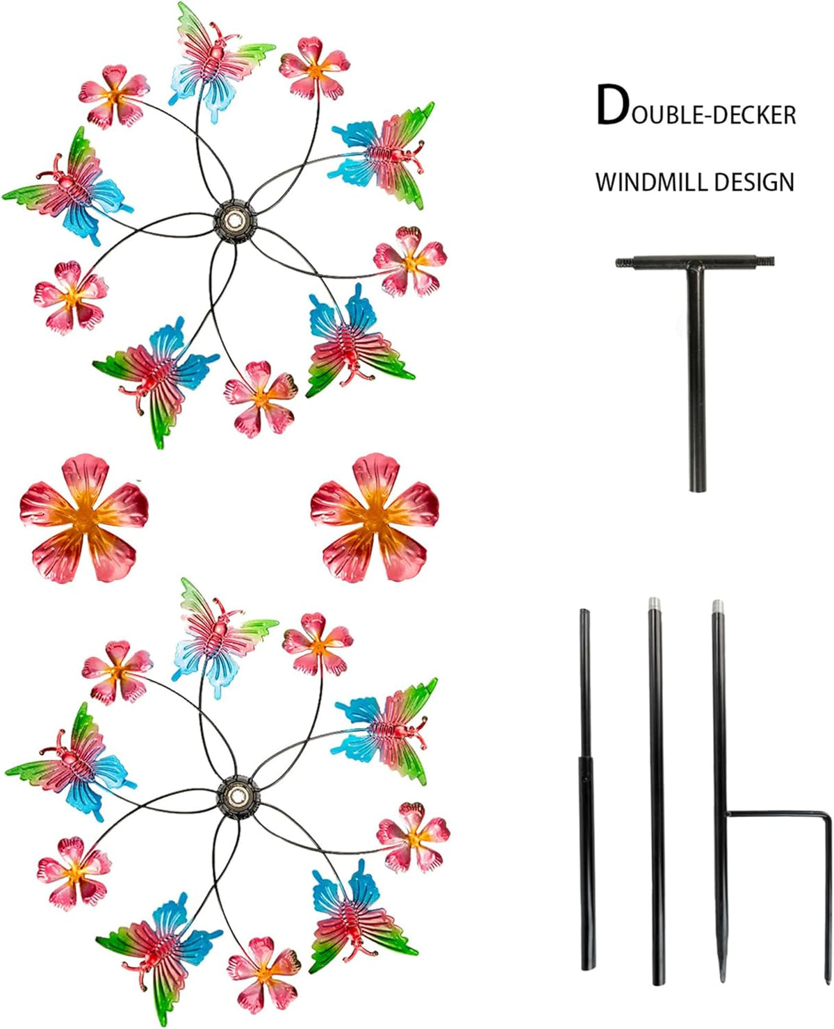 38" Double Blade Butterfly Wind Spinners Outdoor, Colorful Butterflies Kinetic Outdoor Decor for