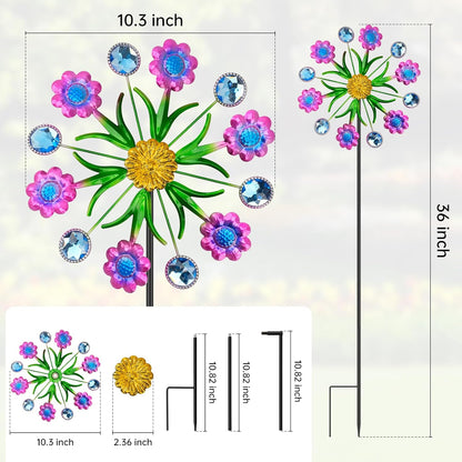 Purple Flowers Outdoor Wind Spinner, 36" Metal Wind Sculpture with Stake, Wind Spinners for Yard