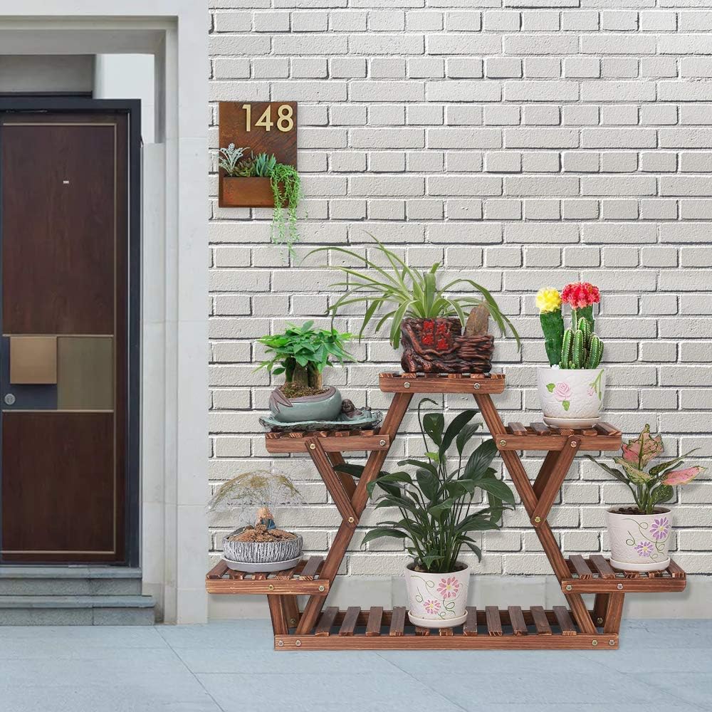 Ufine Wood Plant Stand Triangular Plant Shelf Multi Tier Flower Display Holder Storage Rack 6 Pots