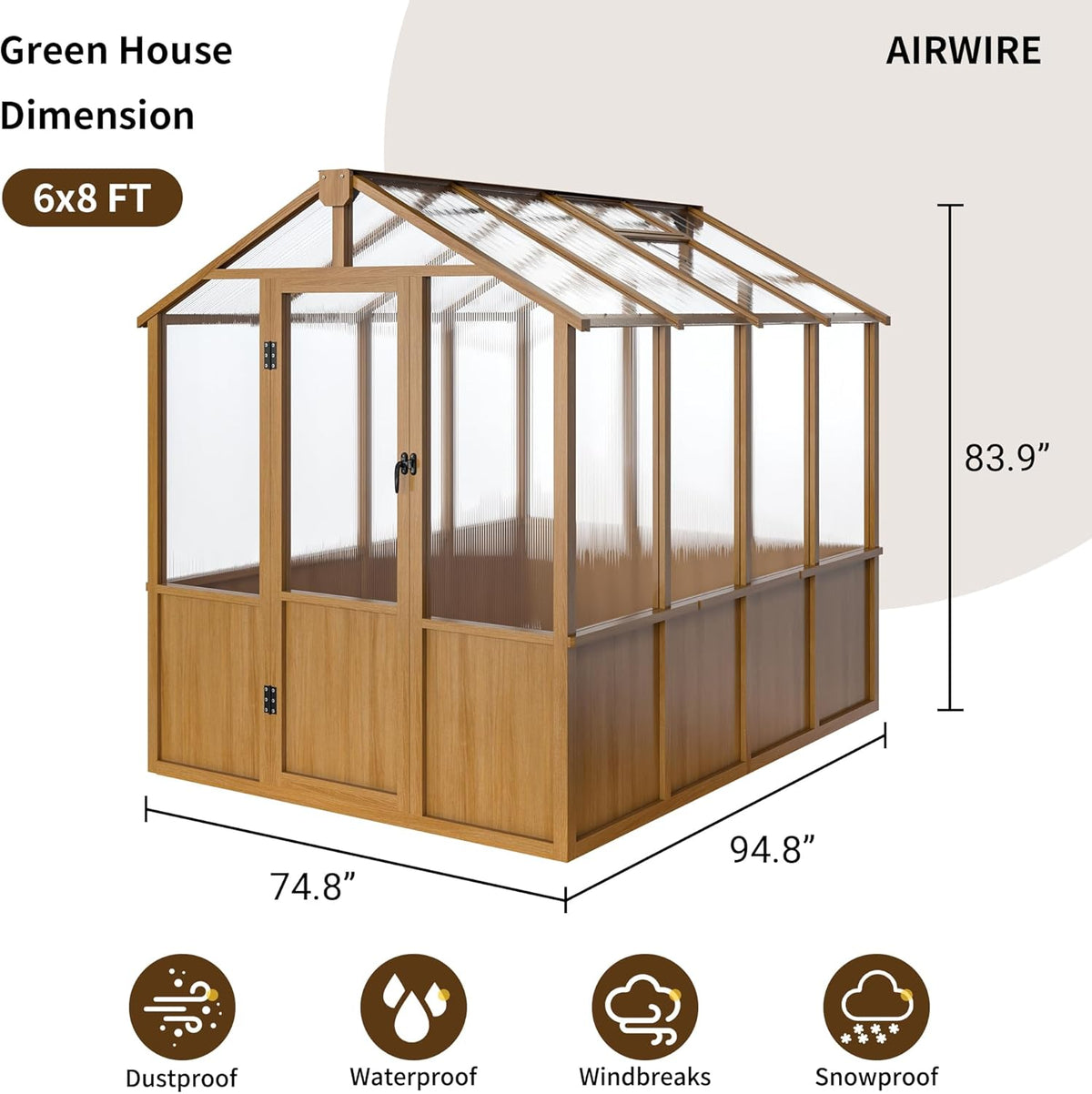 6x8 FT Greenhouse, Wooden Walk-in Greenhouse for Outdoors with 6MM Thick Polycarbonate Panel and