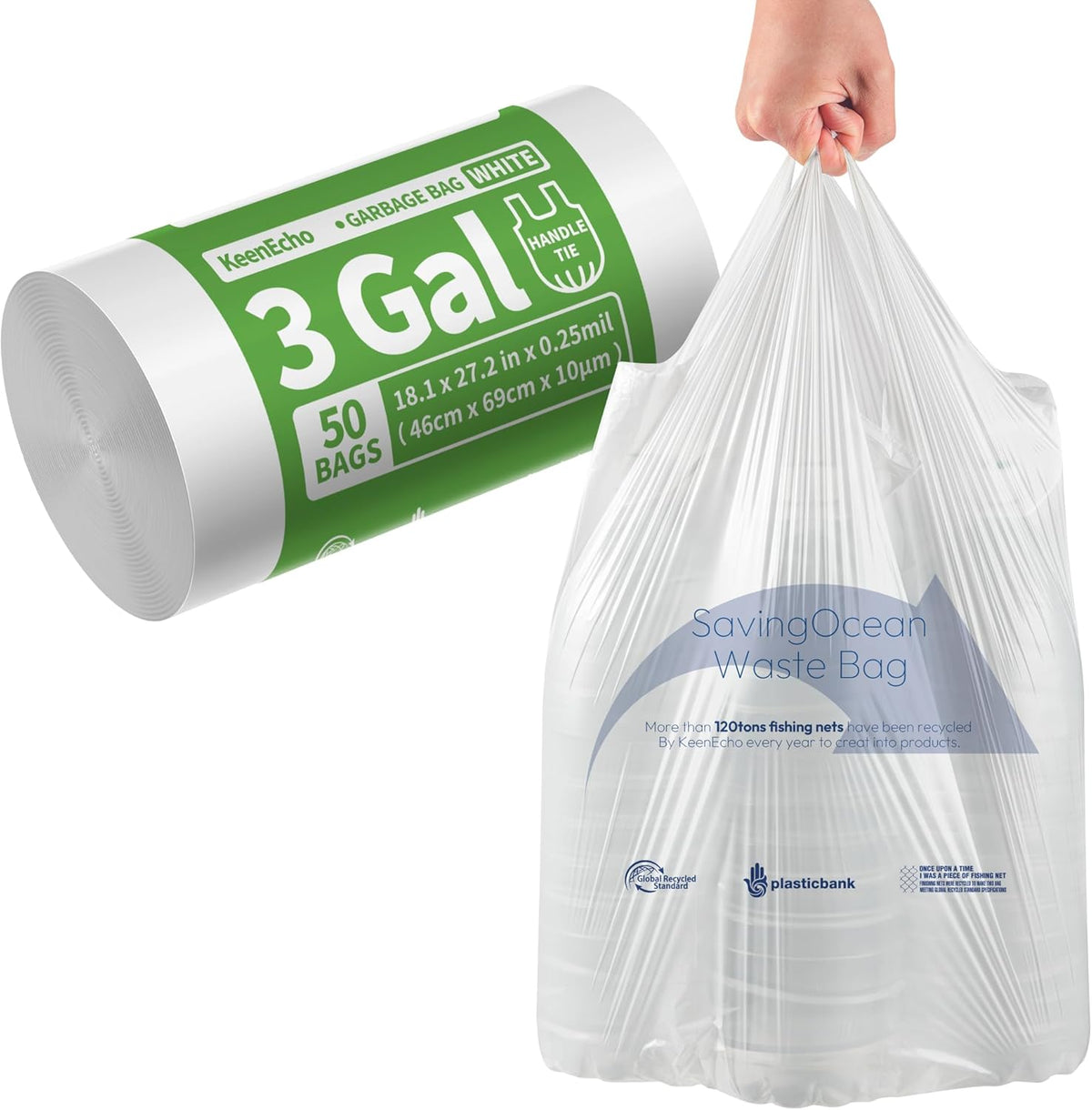 Small Trash Bags with Handles 3 Gallon 50 Count White - Ocean Plastic Upcycling - Plastic Garbage
