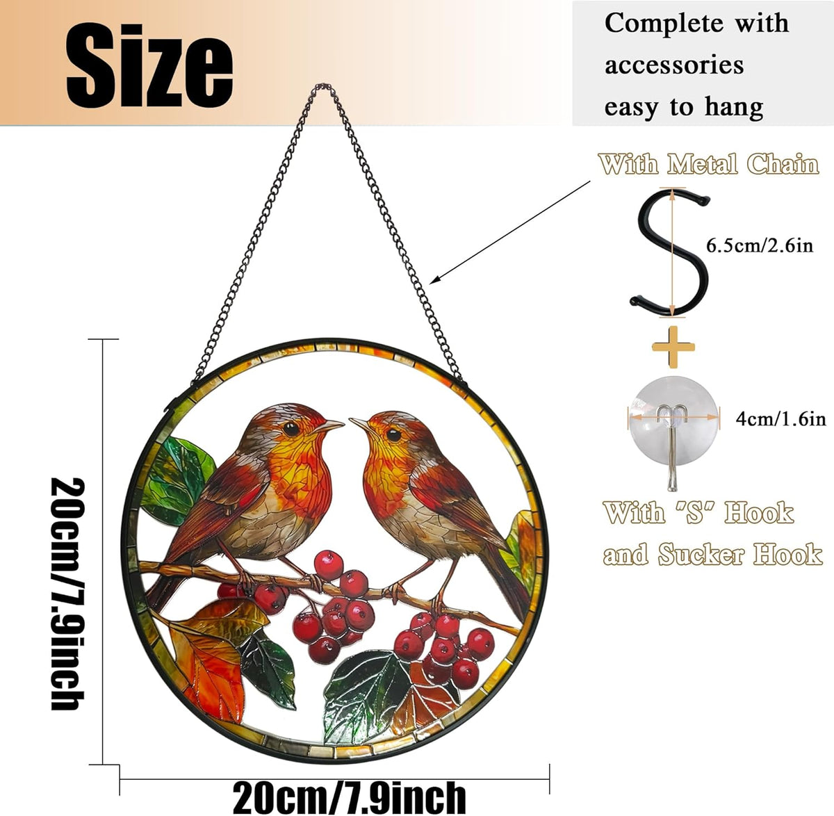 Robins Sun Catcher Stained Glass Window Hanging Suncatcher Indoor Window with Metal Chain, Birds