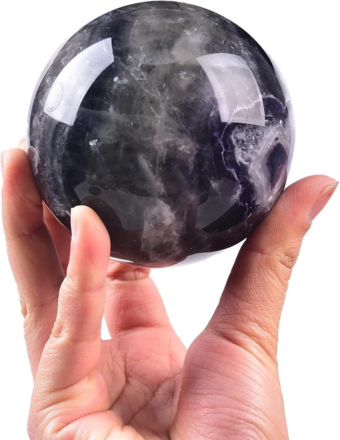 JIC Gem Natural Colorful Fluorite Crystal Sphere with Wooden Stand,Decorative Crystal Ball Fluorite