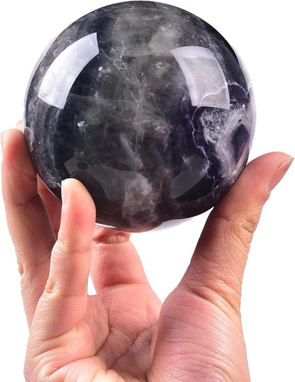JIC Gem Natural Colorful Fluorite Crystal Sphere with Wooden Stand,Decorative Crystal Ball Fluorite