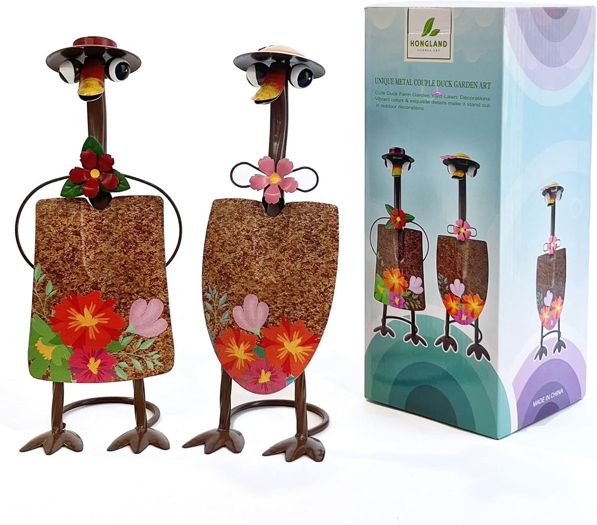 HONGLAND Duck Metal Yard Art - Duck Couple Garden Decor, Shovel Ornaments Outdoor Statue - 2 Pack