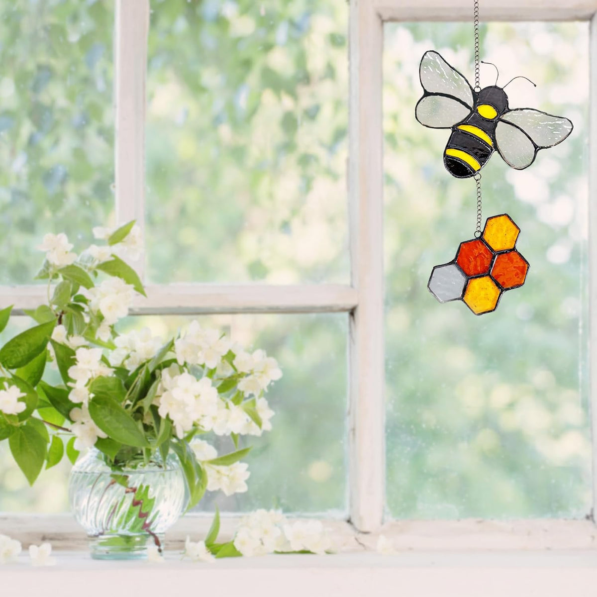 Handmade Honeybee Honeycomb Suncatcher Stained Glass Window Hangings Ornament Real Sun Catchers