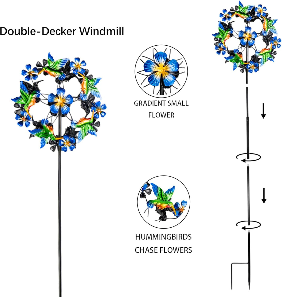 Double Blade Hummingbird Swivel Wind Spinners, Outdoor Garden Spinners 38inch Garden Stakes Decor