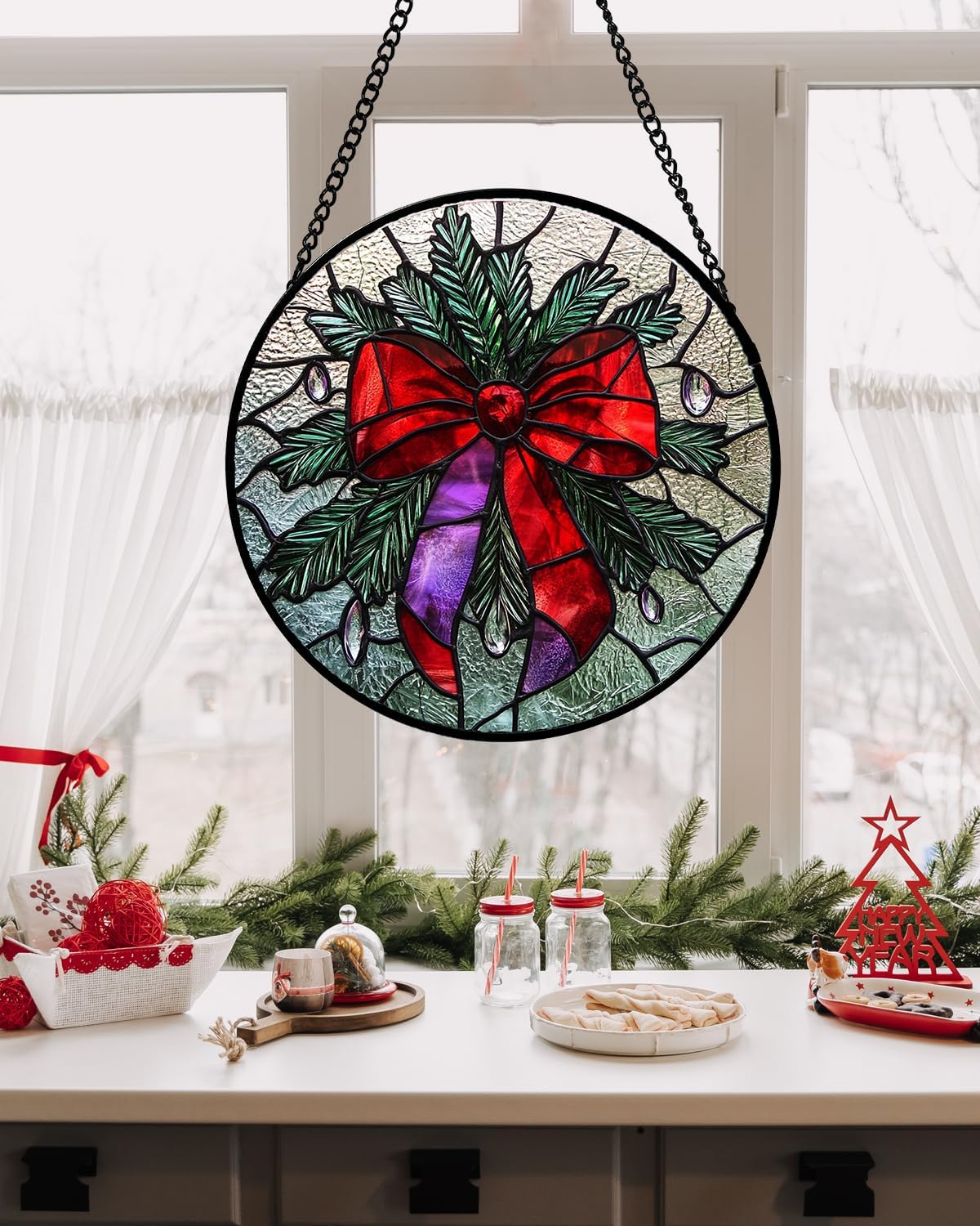 Stained Glass Window Hanging - Purple Gem Christmas Wreath Suncatcher for Doors Home Christmas