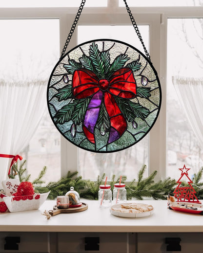 Stained Glass Window Hanging - Purple Gem Christmas Wreath Suncatcher for Doors Home Christmas