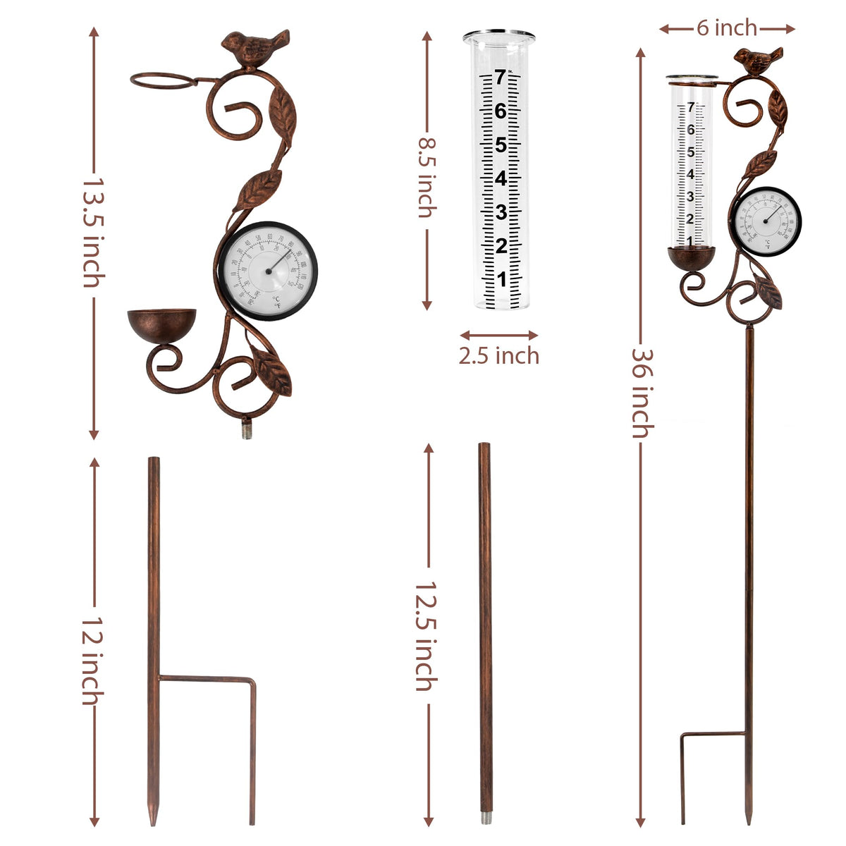32" Garden Rain Gauge with Thermometer - 7" Glass Tube for Outdoor Indoor Use, Patio Yard Decor