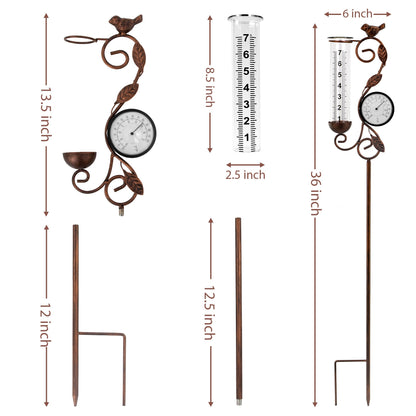32" Garden Rain Gauge with Thermometer - 7" Glass Tube for Outdoor Indoor Use, Patio Yard Decor