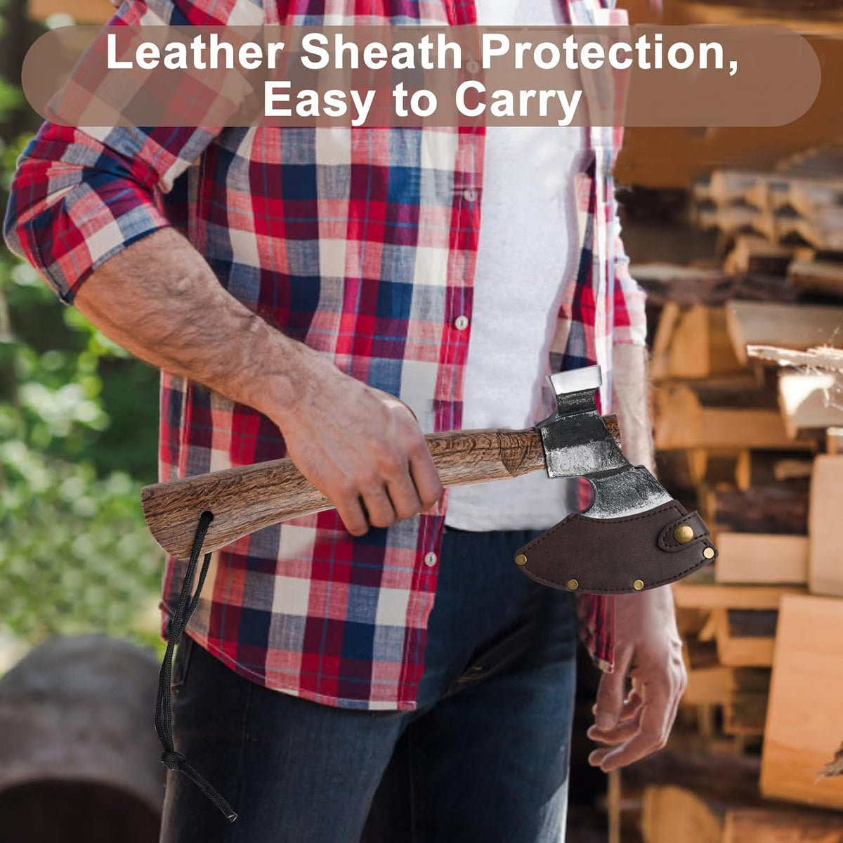 Wood Splitting Axe with Leather Sheath,Camping Hatchet with 10.74" Solid Handle,Bushcraft Axe with