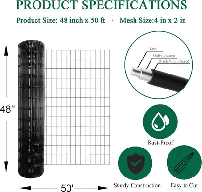 Black PVC Coated Welded Wire Fence 48 Inch x 50 Foot, 2 Inch x 4 Inch 14GA, Garden Border Fencing