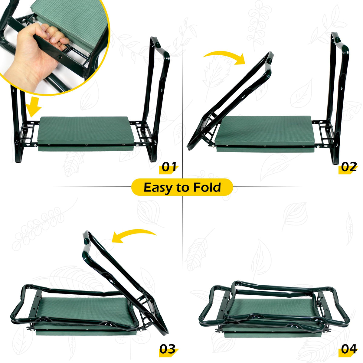 MaxWorks 50921 Folding Garden Kneeler Stool with 8 inch Wide Kneeling Pad, with 1 Tools Pouch for