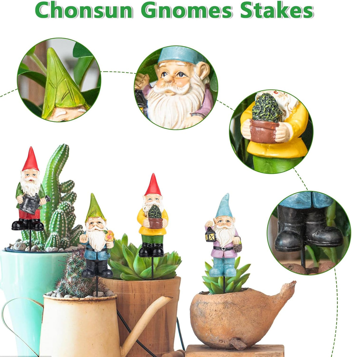 Gnomes Garden Stakes 1.4 Inch Plant Decorations for Pots Indoor Outdoor 4 Pack Miniature Gnomes