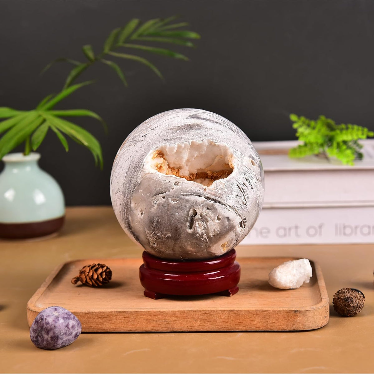 JIC Gem Large Mexican White Agate Crystal Sphere Ball with Wooden Stand White Healing Crystal