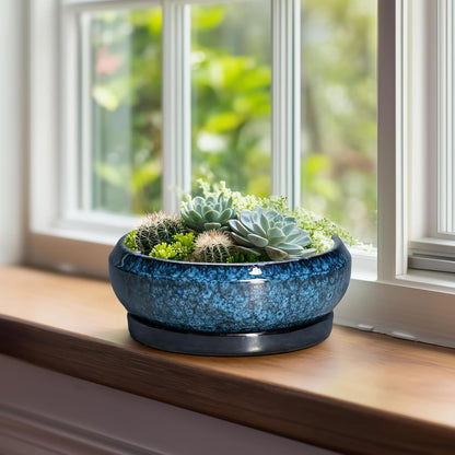 Bonsai Pots 8 Inch - Ceramic Succulent Planter for Indoor Outdoor, Round Bonsai Planter with
