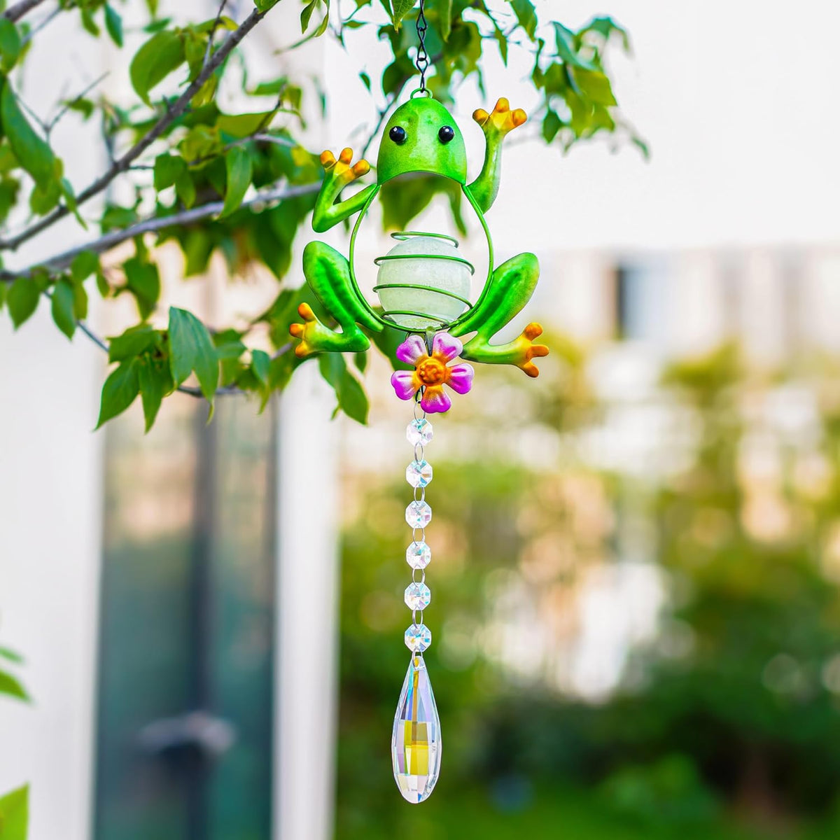 Stained Glass Metal Frog Suncatcher Crystals for Window Ornament - 17" Outdoor Fence Wall Art