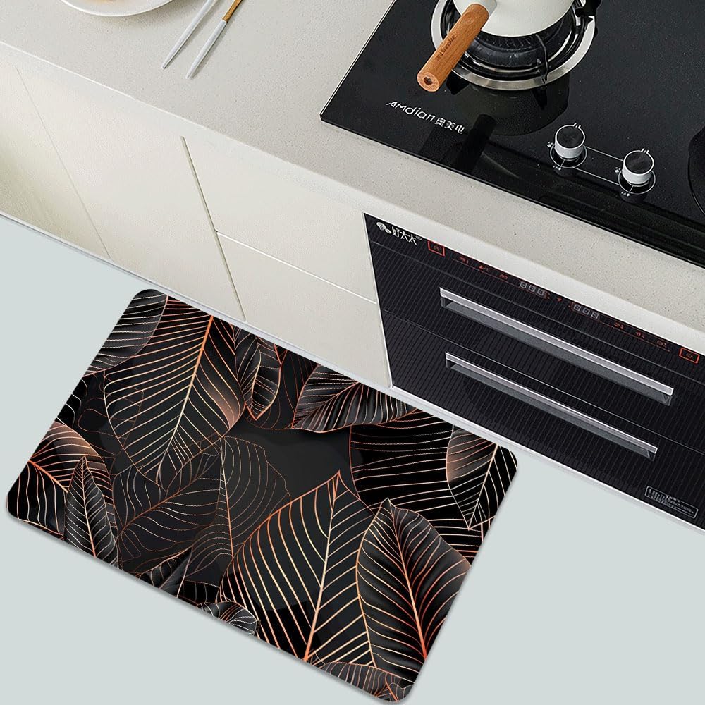 Bath Mat-Bathroom Rug，Black Rose Gold line Leaves-Absorbent Non Slip Quick Dry Stain Resistant Easy