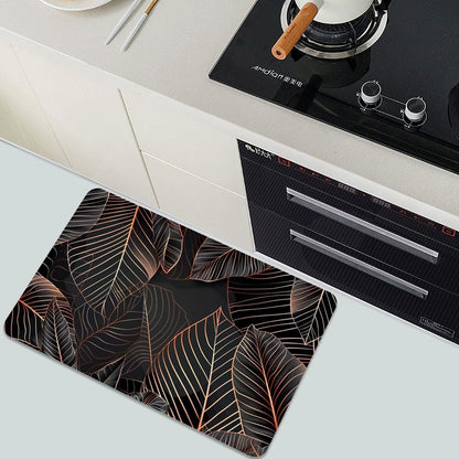 Bath Mat-Bathroom Rug，Black Rose Gold line Leaves-Absorbent Non Slip Quick Dry Stain Resistant Easy