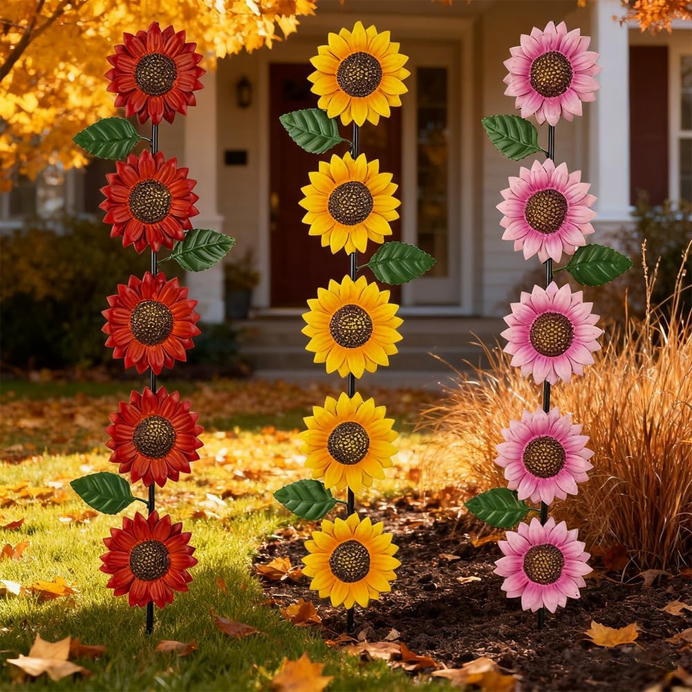 Garden Decor for Outside,3 Pack Sunflowers Metal Yard Art Decorative Garden Stakes,Metal Flowers