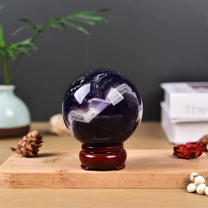 JIC Gem Colorful Fluorite Crystal Ball with Wooden Stand Healing Crystal Sphere Ball for Feng Shui