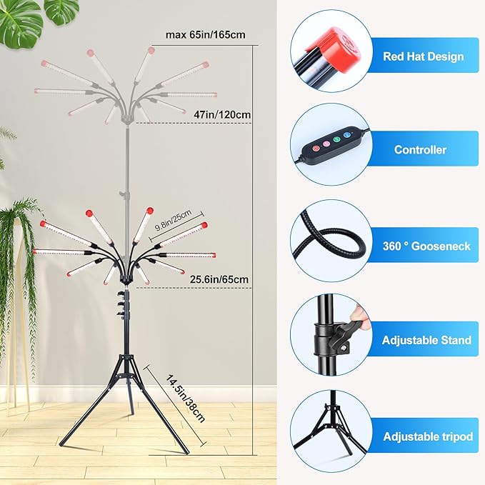 10-Head Grow Light with Stand and Timer, 90 Watt Power Home Plug LED Grow Lights for Indoor Plants