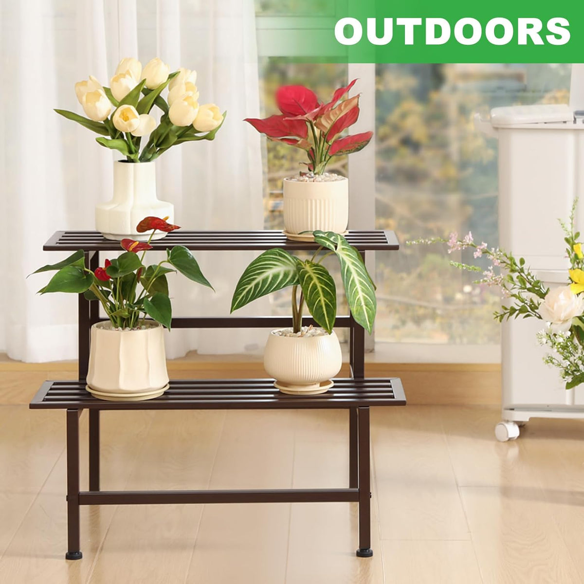 Metal Plant Stand Outdoor Plant Shelf Indoor,2 Tier Heavy Duty Ladder Plant Stands for Multiple
