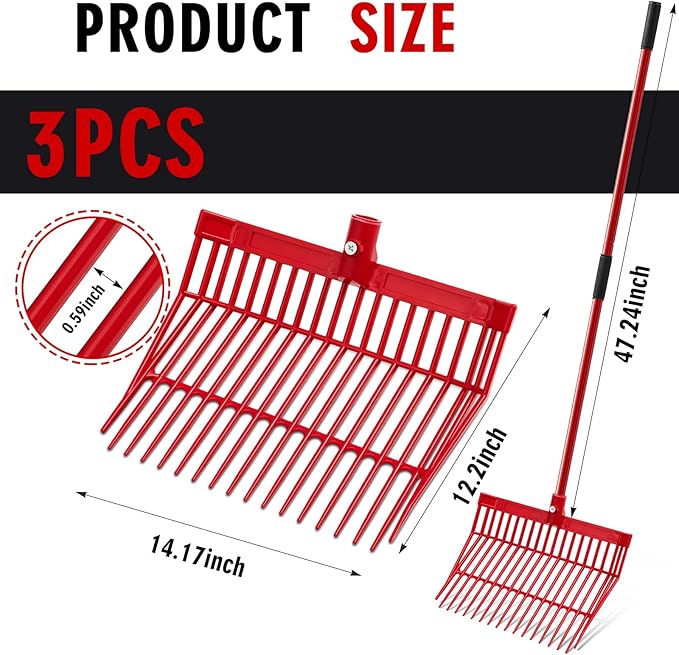 Lasnten 3 Sets Manure Fork with Long Metal Handle Pitch Fork Manure Rake Heavy Duty Muck Rake for