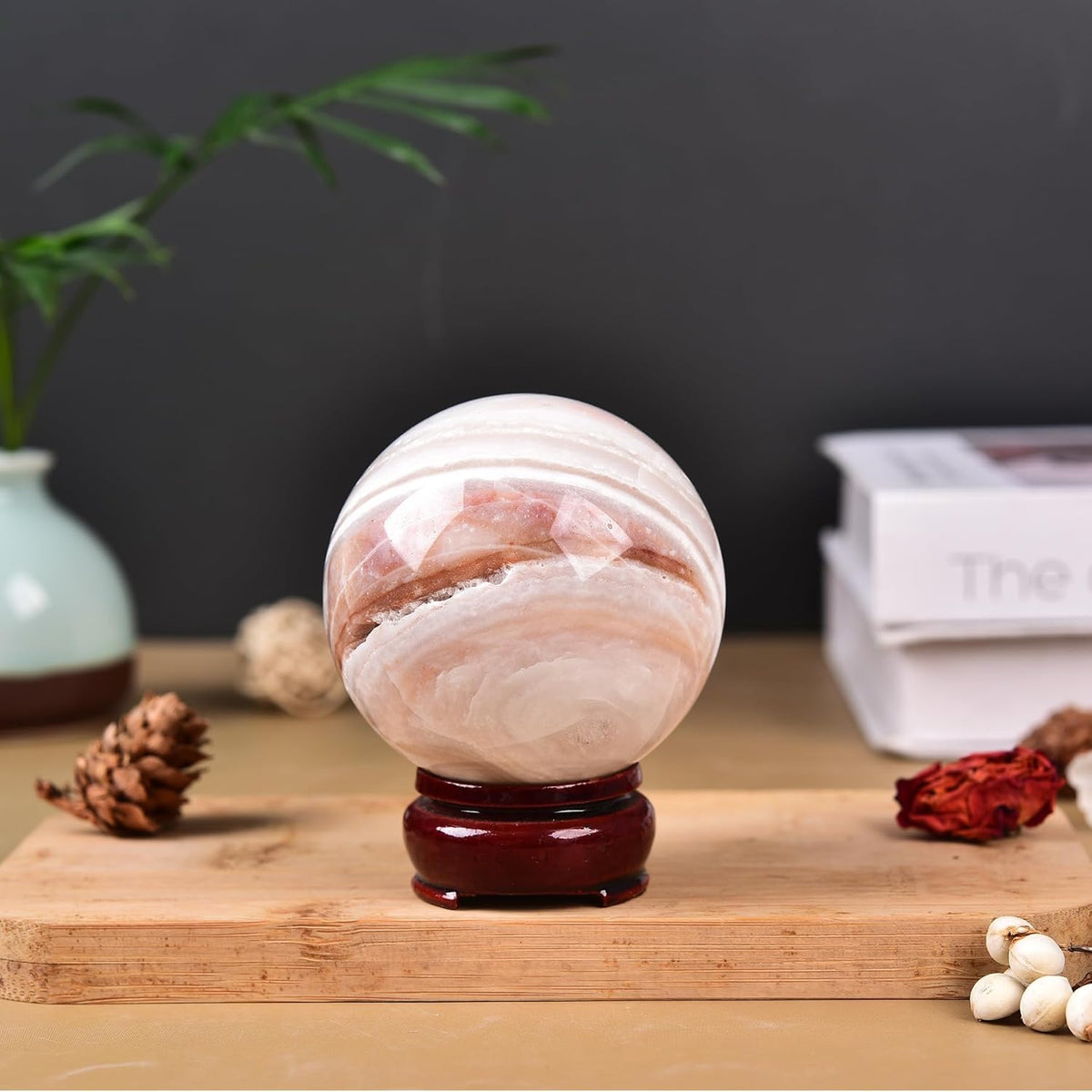 JIC Gem Large Pink Crystal Sphere with Stand Agate Crystal Ball Gemstone Decorative Ball for Home