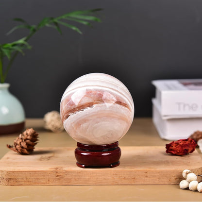 JIC Gem Large Pink Crystal Sphere with Stand Agate Crystal Ball Gemstone Decorative Ball for Home