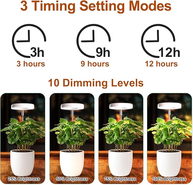 Grow Lights for Indoor Plants Small Potted - Full Spectrum, Auto 3/9/12H Timer, 10-Level Dimming &
