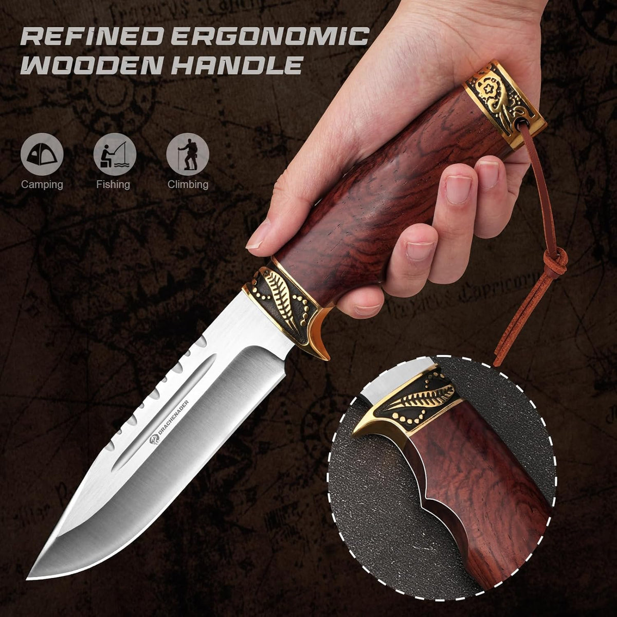 Fixed Blade Hunting Knife with Horizontal Leather Sheath YU-LN, 10.63" Bushcraft Knife for Men with