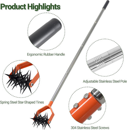 67-Inch Garden Cultivator with Tempered Spring Steel Tines, Adjustable Stainless Steel Handle