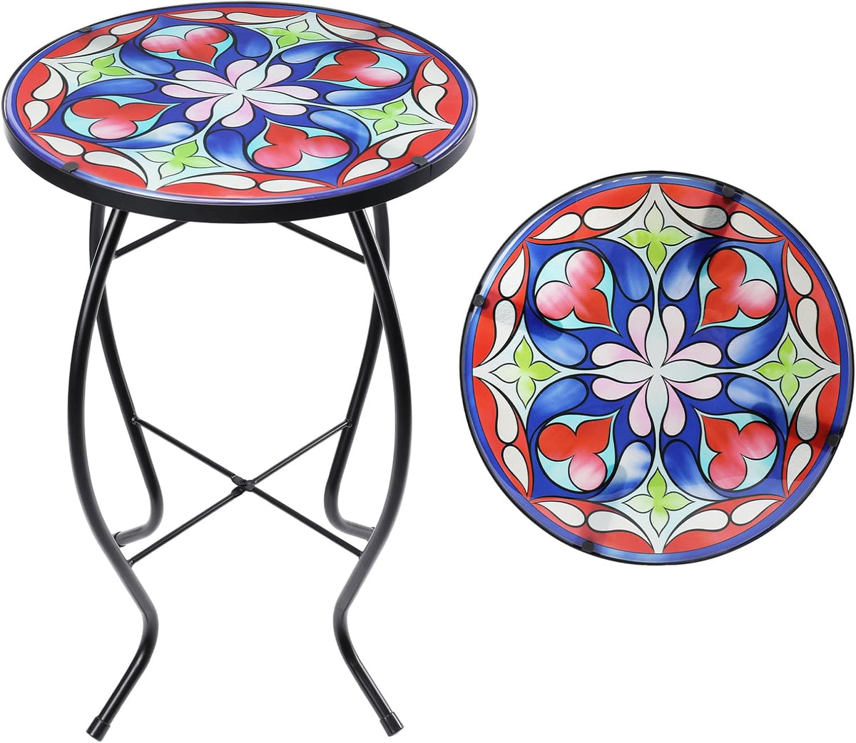 MUMTOP Side Patio Tables-Mosaic Outdoor Side Table - 14’’ Symmetrical Pattern Glass Accent Round