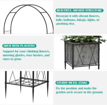 Garden Arch Arbor Trellis with Planter Boxes 8.2 Ft Metal Arch Trellis for Climbing Plants Outdoor