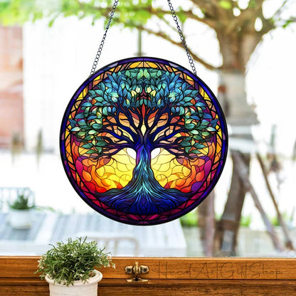 Tree of Life Suncatcher -7.9 in Stained Glass Window Hanging Catcher Garden Decor