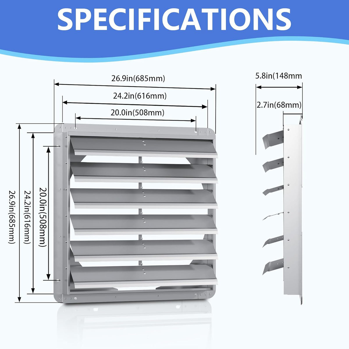 24 Inch Galvanized Shutter Exhaust Louver Vent, Automatic Gravity Shutter Louver Vent for Home